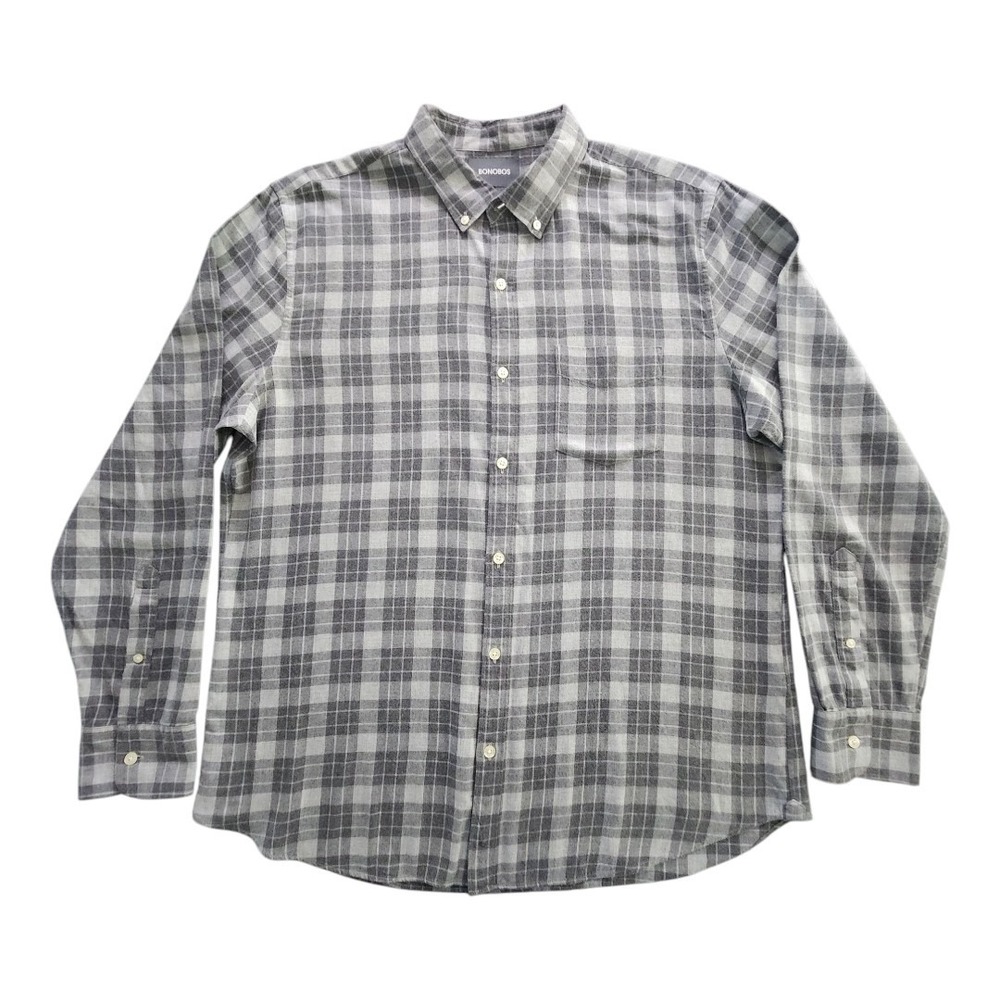 Bonobos Mens Slim Fit Grey Plaid Cotton Flannel Long Sleeve Shirt Size XL Preppy